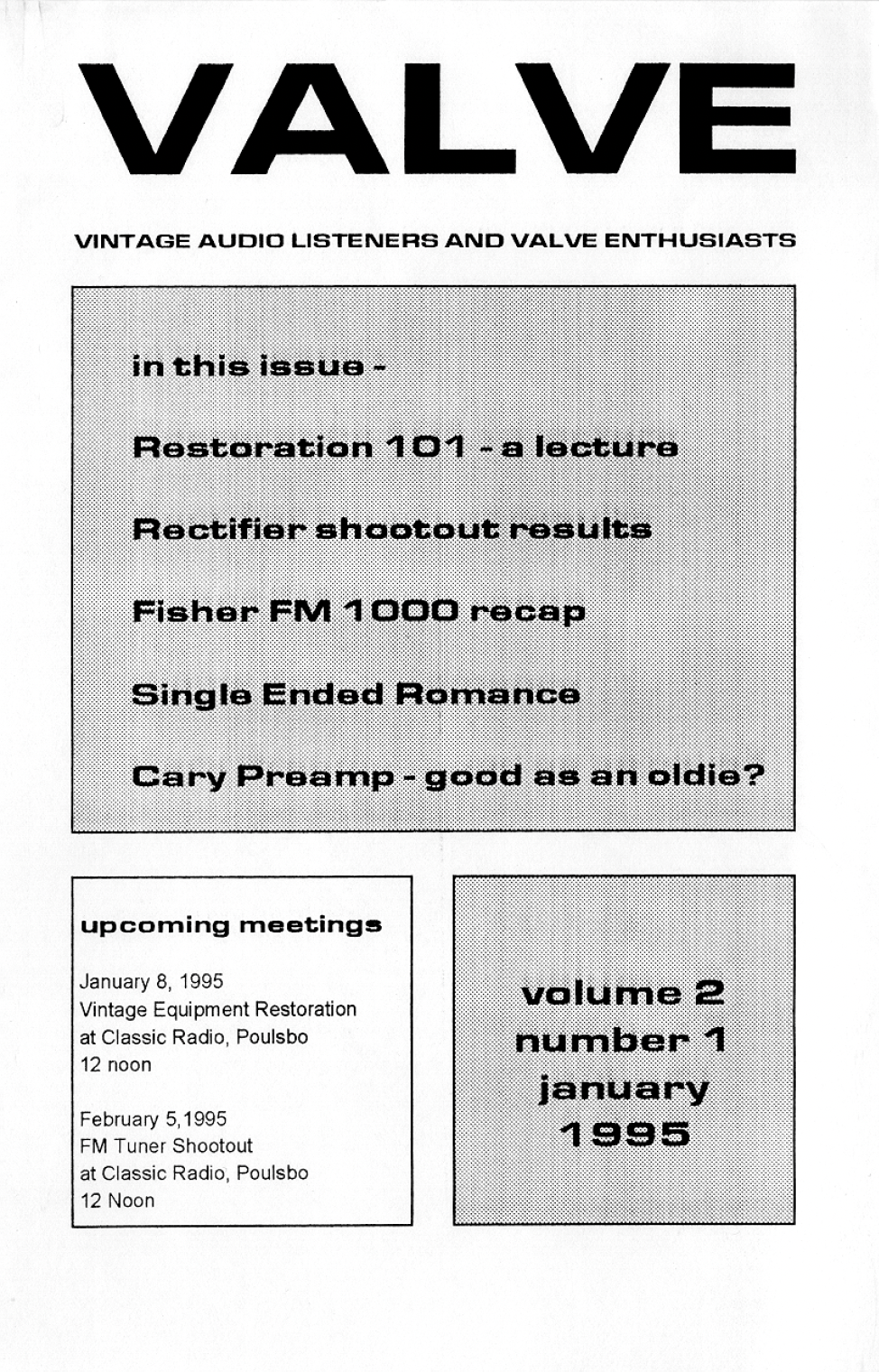 Cover of a magazine or newsletter titled 'Valve' with text about restoration, lectures, and meetings.