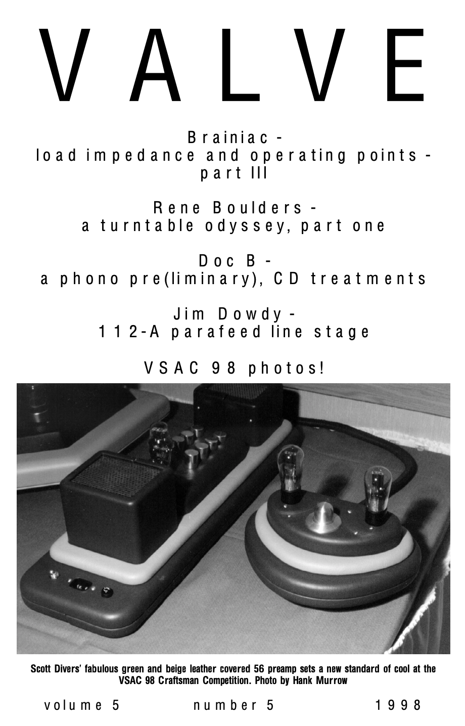 Magazine cover with text about audio equipment and a close-up of turntable components.