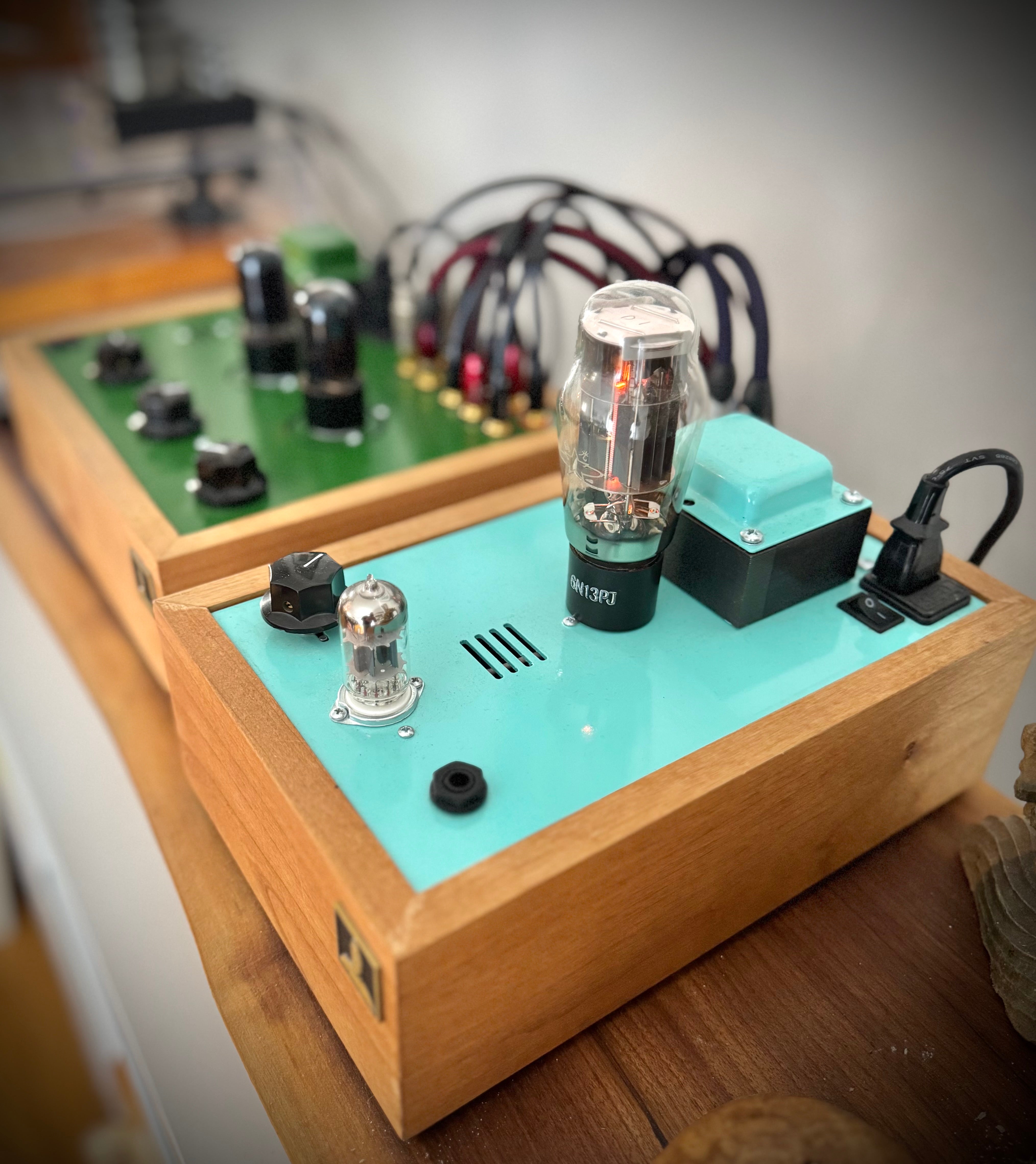 Turquoise Bottlehead Crack and a green Moreplay on a shelf.