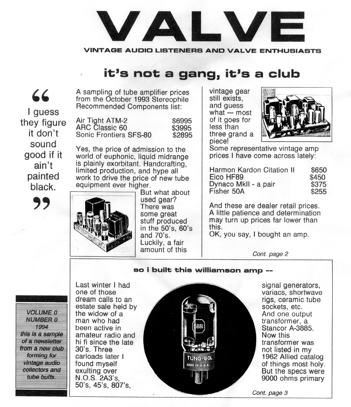Vintage audio magazine page with valve amplifier discussion and advertisement.